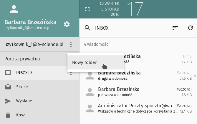 3.1 Korzystanie z Poczty 3.1.5 Organizacja poczty IMAP Poczta e-science umożliwia wykonywanie operacji na poczcie, znajdującej się na serwerze zdalnym IMAP.