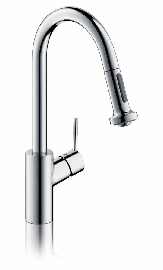 Hansgrohe Talis 28 29 Armatura Talis jest dostępna w kilku wersjach: od modelu podstawowego, po baterię z wysoką wylewką; w wariancie z wyciąganą wylewką lub wyciąganą wylewką prysznicową.