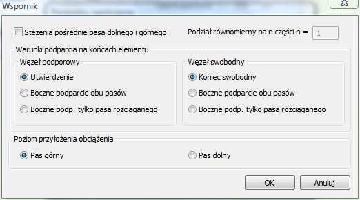 Parametry wspornika W zakładce Parametry wspornika podawane są podstawowe dane wymagane przy określaniu nośności wspornika z uwzględnieniem zwichrzenia.