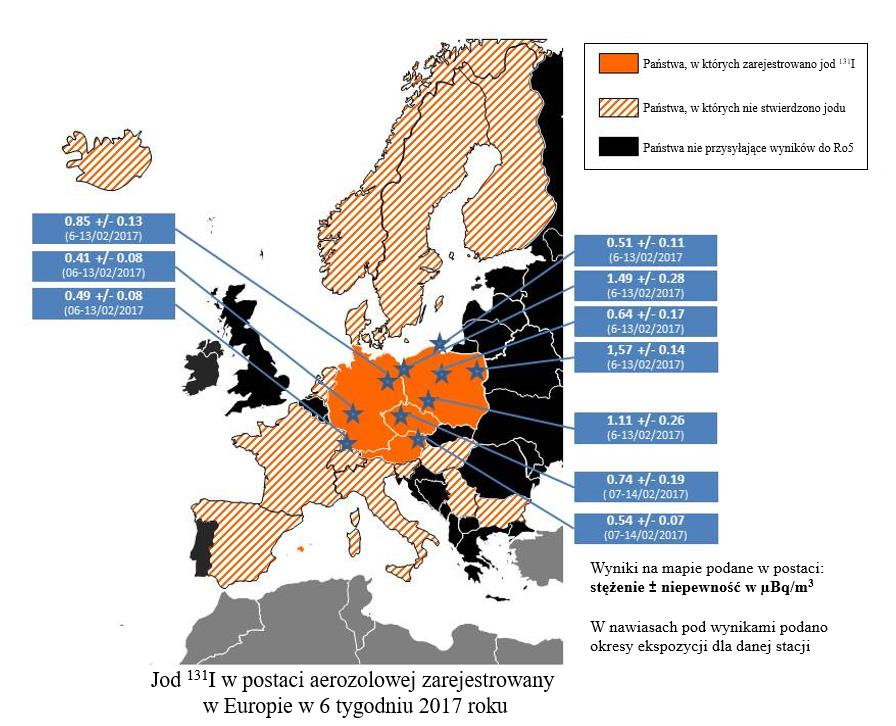 TYDZIEŃ 6: W następnym (szóstym) tygodniu masy powietrza zawierające jod 131 I przemieściły się nad Europę środkową i objęły swoim zasięgiem Polskę, Czechy, Niemcy i Austrię.