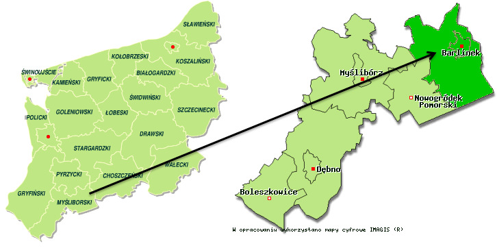 Rysunek 1. Położenie Gminy i Miasta Barlinek Źródło: http://archiwum.zpp.pl Gmina zajmuje powierzchnię 258,77 km2, w tym miasto 17,54 km2.