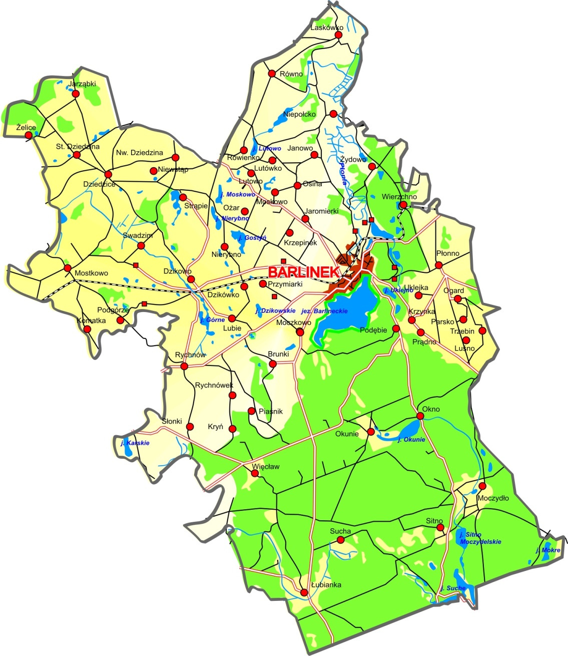 Rysunek 2. Plan Gminy Barlinek Źródło: http://www.barlinek.pl Gmina Barlinek położona jest na skraju rozległej Puszczy Barlineckiej, a sam Barlinek leży nad Jeziorem Barlineckim o powierzchni 272 ha.