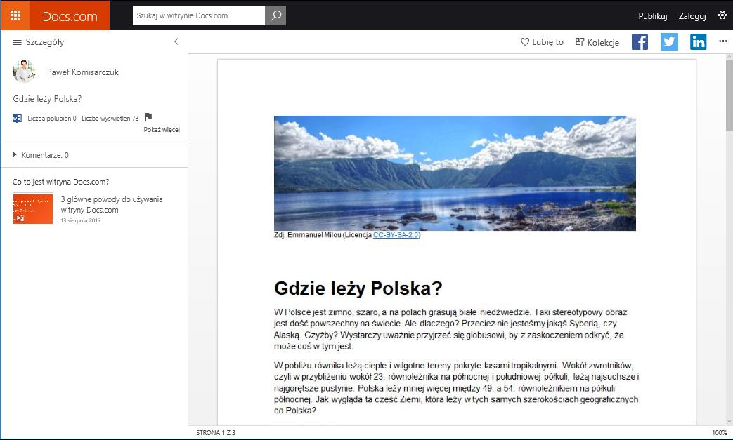 Docs.com Biblioteka online, w której uczniowie i nauczyciele mogą