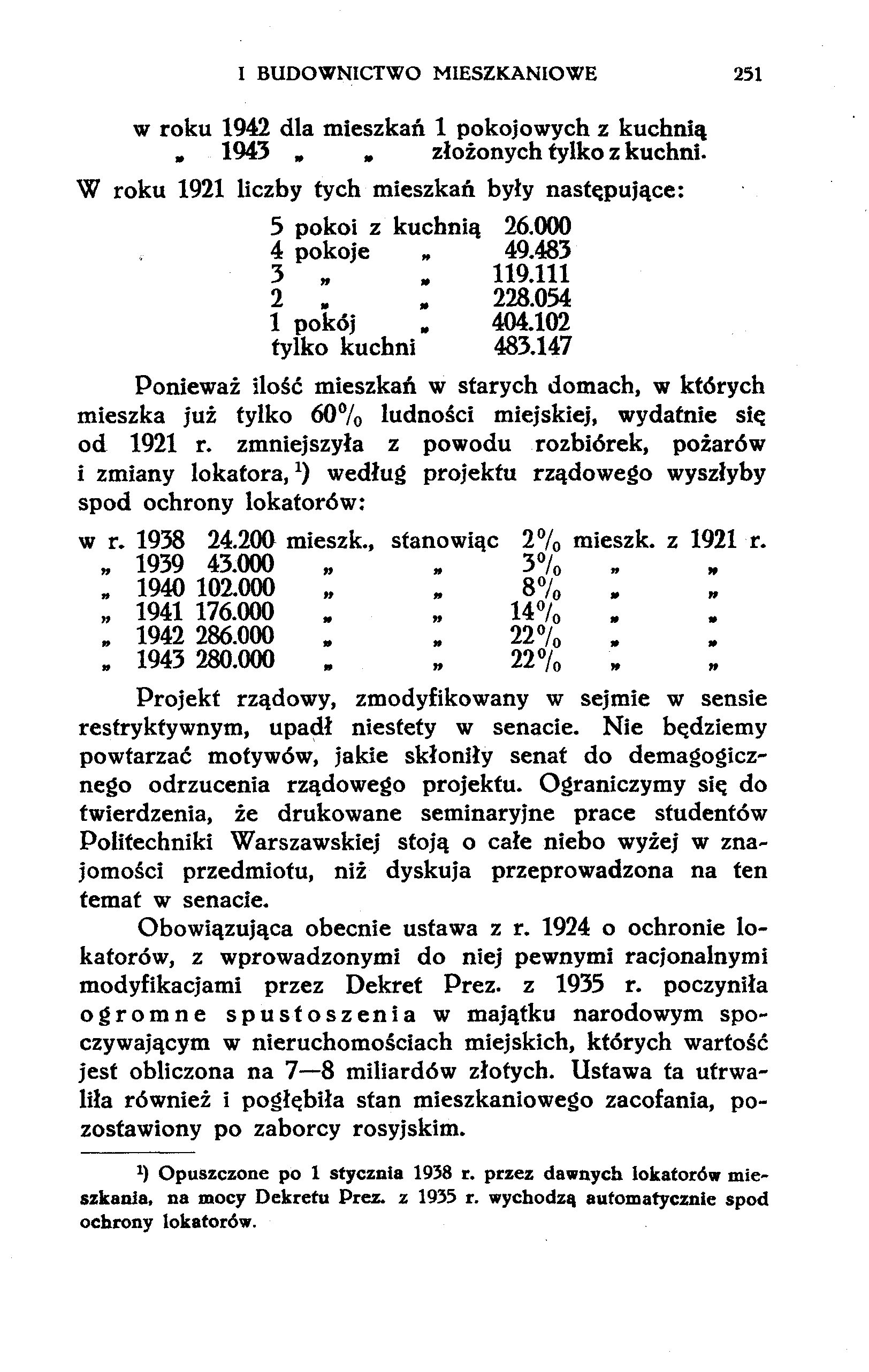 I BUDOWNICTWO MIESZKANIOWE 251 w roku 1942 dla mieszkań 1 pokojowych z kuchnią 1943 złożonych tylko z kuchni. W roku 1921 liczby tych mieszkań były następujące: 3 pokoi z kuchnią 26.000 4 pokoje 49.