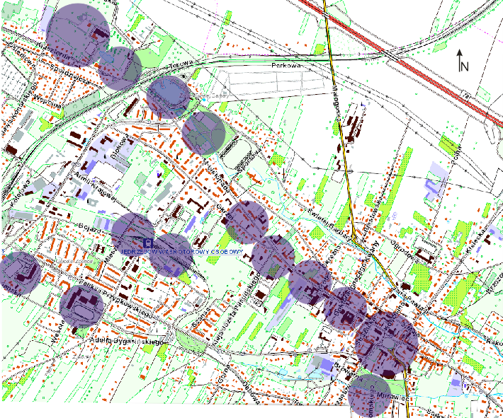 Rysunek 11. Kumulacja negatywnych czynników przestrzennych na terenie miasta Jędrzejów (opracowanie własne, podkład: http://geoserwis.gdos.gov.