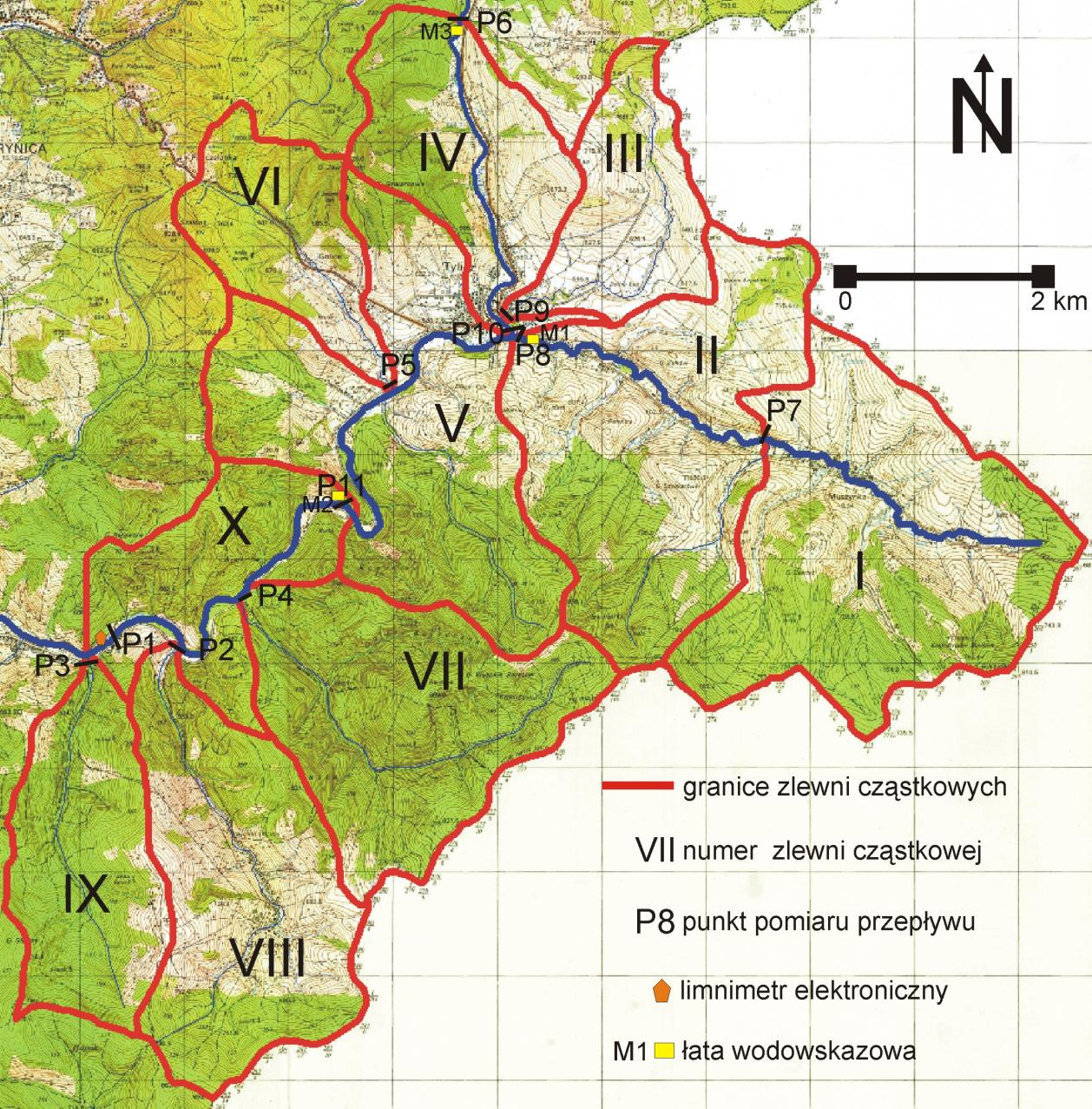 V V Rys 9. Mapa zlewni cząstkowych dokumentowanego obszaru według "Dokumentacji hydrogeologicznej ustalającej zasoby dyspozycyjne wód podziemnych w rejonie Tylicza".