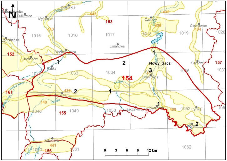 Rys. 15. Granica Jednolitej Części Wód Podziemnych PLG22W00154. Ujęcie wody leczniczej P-VIa Zbigniew zlokalizowane jest na terenie do JCWPd PLG22W00154 znajdującego się w regionie Górnej Wisły.
