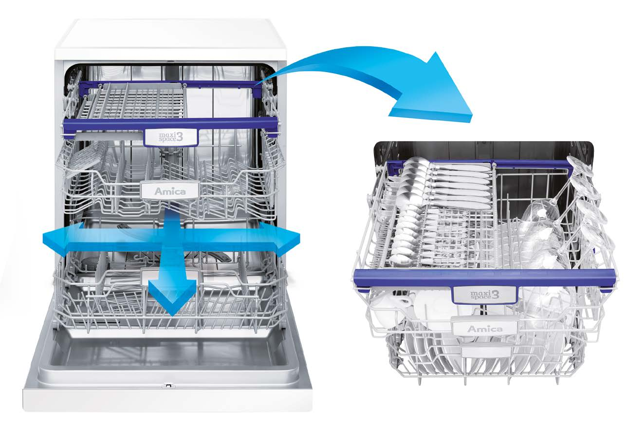 ZMYWARKI _dla Twojej wygody Zwiększona pojemność zmywania Trzeci kosz na sztućce Aby zdecydowanie zwiększyć pojemność zmywarki, dla komfortu użytkownika, Amica zastąpiła tradycyjny koszyk na sztućce