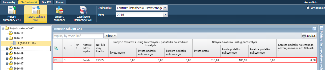 Pozycji rejestrów sprzedaży i zakupów, które zostały zaimportowane z pliku, nie można usuwać ani edytować.