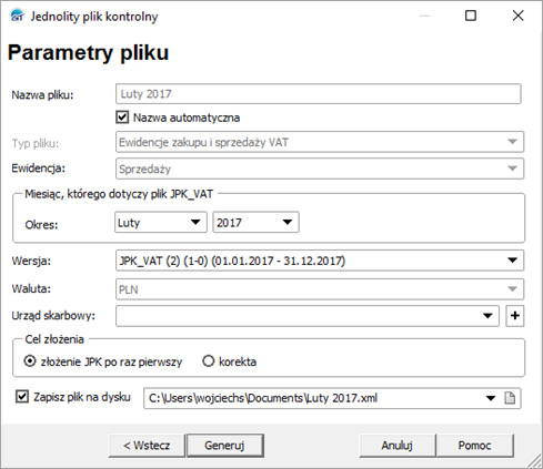 7 Drugie okno kreatora zawiera parametry pliku JPK_VAT, który ma zostać utworzony: Nazwa pliku pole umożliwia wprowadzenie nazwy, która musi być unikalna.