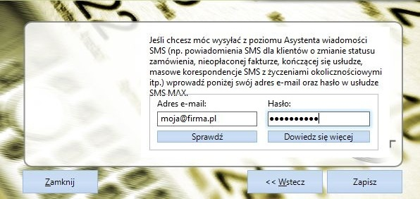 ROZDZIAŁ 3. PIERWSZE URUCHOMIENIE 11 poczta będzie obsługiwana przez program Outlook również tylko do wysyłania wiadomości. Na koniec pozostaje konfiguracja usługi SMS MAX.