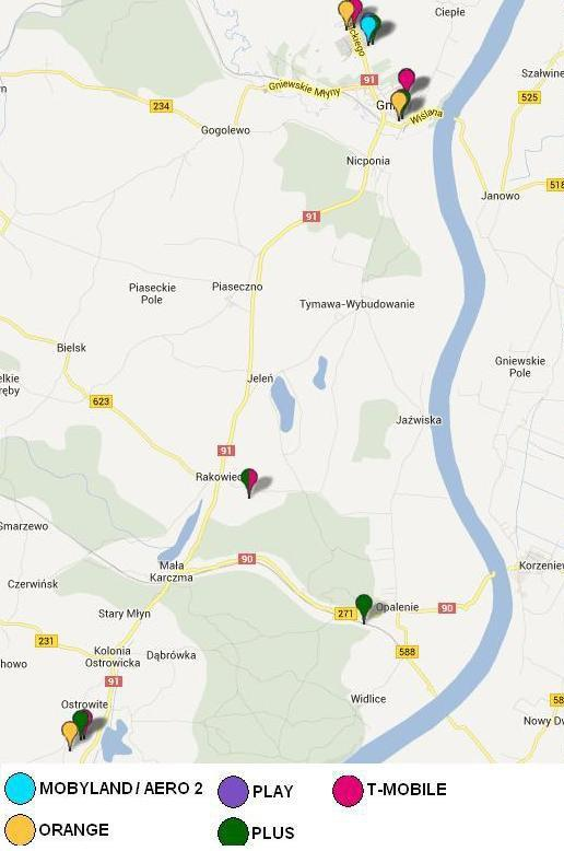 Rozmieszczenie anten nadawczych telefonii komórkowej na terenie miasta Gniew