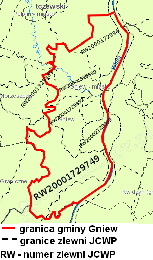 Aktualizacja Programu Ochrony Środowiska dla gminy Gniew Green Key Ryc. 17. Położenie gminy Gniew na zlewniach JCWP Źródło: geoportal.kzgw.gov.