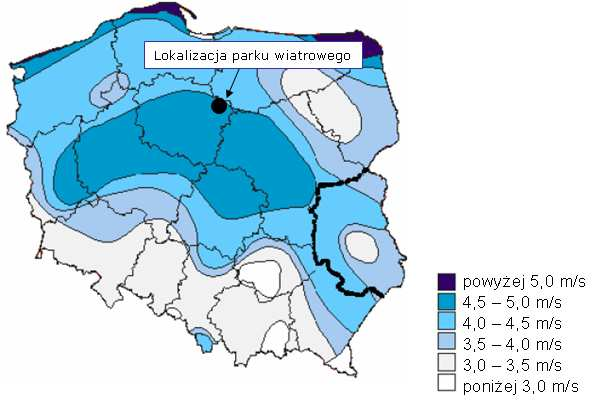 29 przesłankami lokalizacji elektrowni wiatrowych. Poniższa mapka przedstawia zasoby wiatru na terenie Polski (opracowane przez IMGW). Rys.