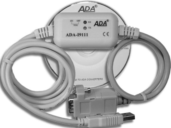1.34. ADA-I9111 - Konwerter USB na RS-232. 1.34.1. OGÓLNA CHARAKTERYSTYKA I PRZEZNACZENIE ADA-I9111 jest urządzeniem służącym do zamiany standardu USB na RS-232 bez ingerencji w format przesyłanych danych.