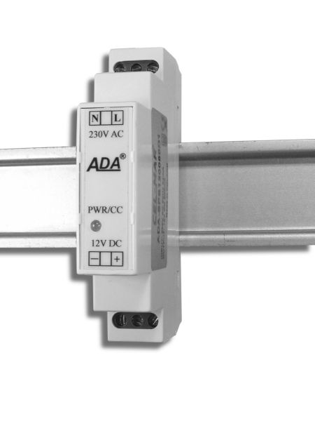 1.37. ADA-SPS120080D1 Zasilacz impulsowy 12VDC/0,8A. 1.37.1. OGÓLNA CHARAKTERYSTYKA I PRZEZNACZENIE Zasilacz ADA-SPS120080D1 produkowany jest w obudowie modułowej z tworzywa ABS przystosowanej do montażu na szynie DIN.