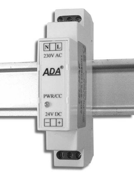 1.38. ADA-SPS240040D1 Zasilacz impulsowy 24VDC/0,4A. 1.38.1. OGÓLNA CHARAKTERYSTYKA I PRZEZNACZENIE Zasilacz ADA-SPS240040D1 produkowany jest w obudowie modułowej z tworzywa ABS przystosowanej do montażu na szynie DIN.