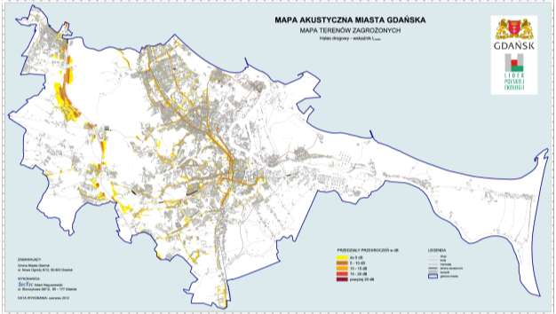 Rys. 3. Mapa terenów zagrozonych hałasem drogowym dla wskaźnika L DWN (stan na czerwiec 2012 rok). Rys. 4.
