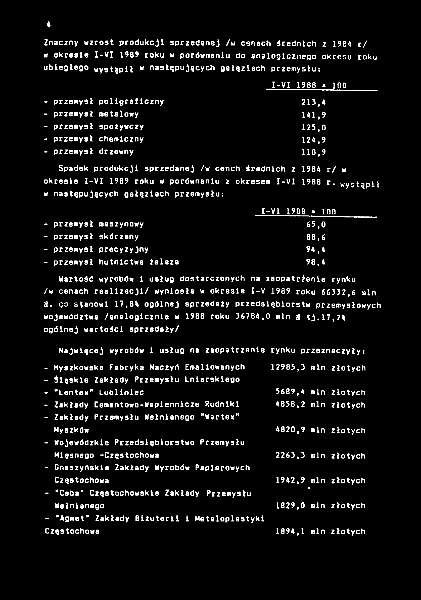 4 Znaczny wzrost produkcji sprzedanej /w cenach średnich z 1984 r/ w okresie I-VI 1989 roku w porównaniu do analogicznego okresu roku ubiegłego wystąpił w następujących gałęziach przemysłu: I-VI