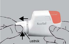 Uwaga: czerwony przycisk należy wcisnąć tuż przed inhalacją. Nie jest możliwe przypadkowe podanie podwójnej dawki leku podczas inhalacji wykonywanej przy użyciu inhalatora proszkowego Novolizer.