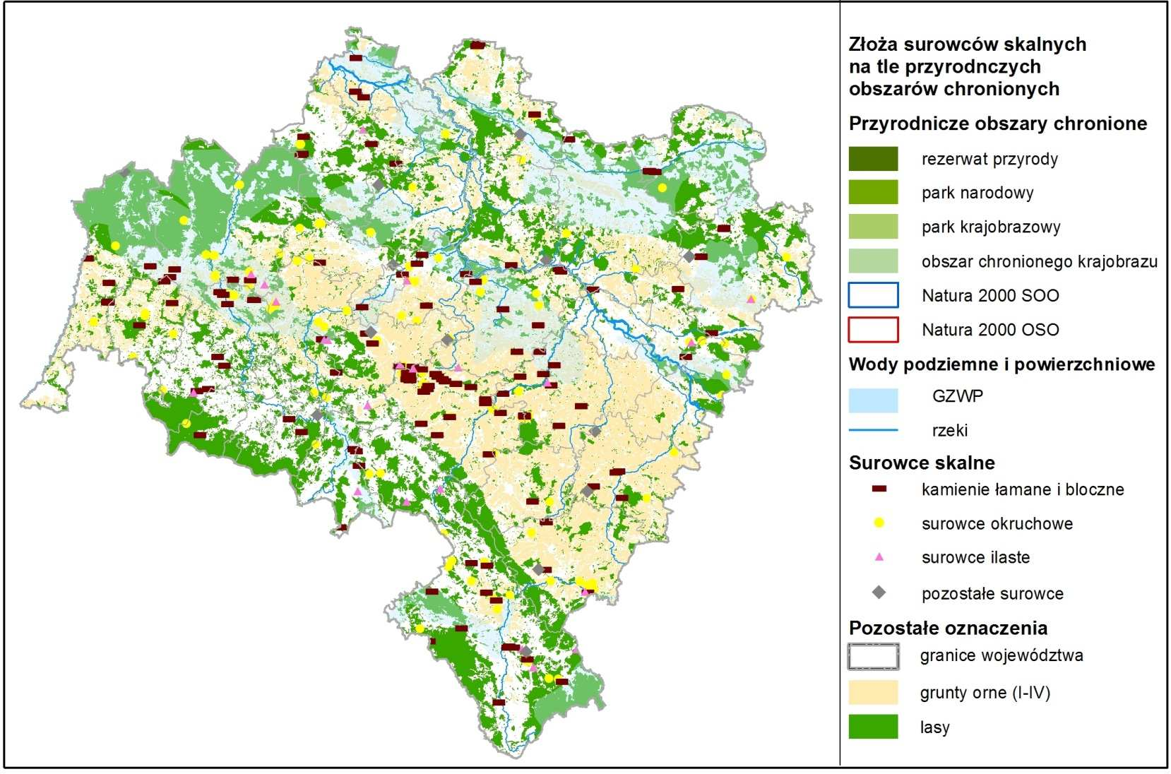 ZŁOśA SUROWCÓW SKALNYCH NA TLE SYSTEMU OCHRONY PRZYRODY WOJEWÓDZTWA ROCK MINERAL DEPOSITS AND SYSTEM OF NATURE PROTECTION AREAS Rys.