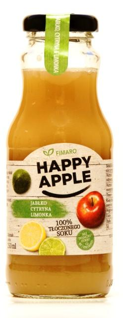 Happy Apple Jabłko & Imbir Sok owocowy z tłoczonego soku z jabłek i soku z korzenia imbiru. Składniki: tłoczony sok jabłkowy (98,4%), tłoczony sok z korzenia imbiru (1,6%) Bez dodatku cukru.