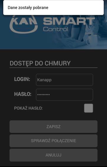 Następnie wybieramy moduł Skonfiguruj połączenie do chmury. Wpisujemy Login i Hasło (takie jak założone w ezr home.