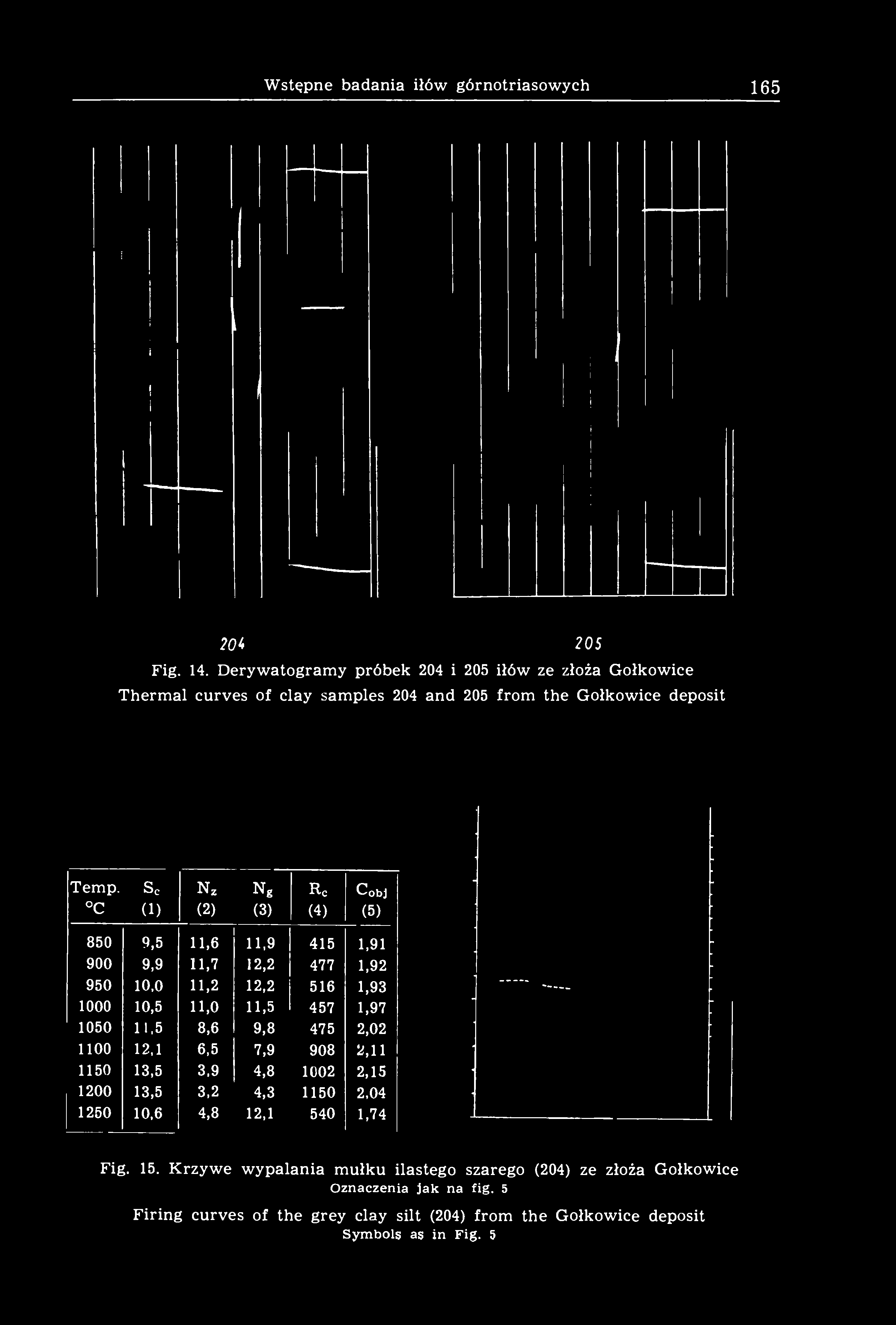 [11] Wstępne badania iłów górnotriasowych 165 201 205 Fig. 14. Derywatogramy próbek 204 i 205 iłów ze złoża Gołkowice Thermal curves of clay samples 204 and 205 from the Gołkowice deposit Temp.