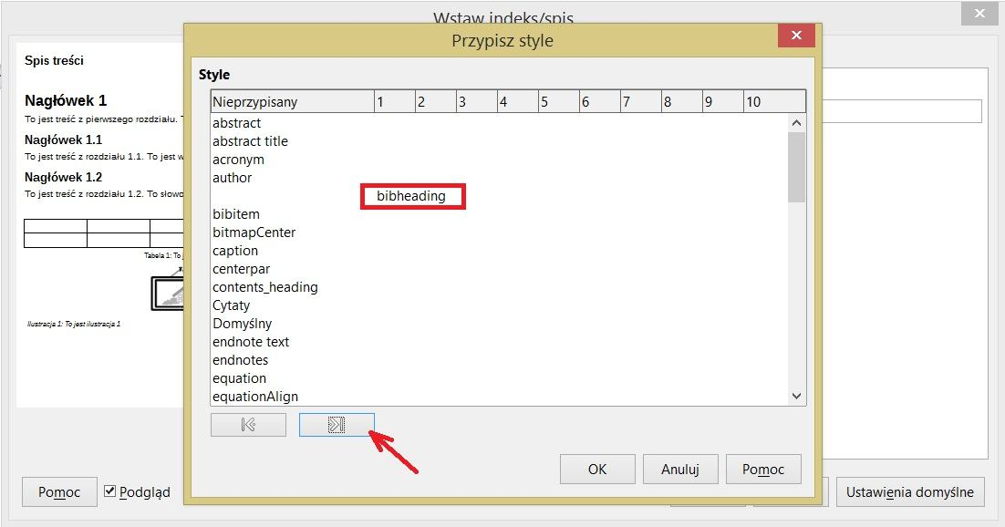 W sekcji Indeks/Spis należy wprowadzić napis: Spis treści w polu tytuł; 4.