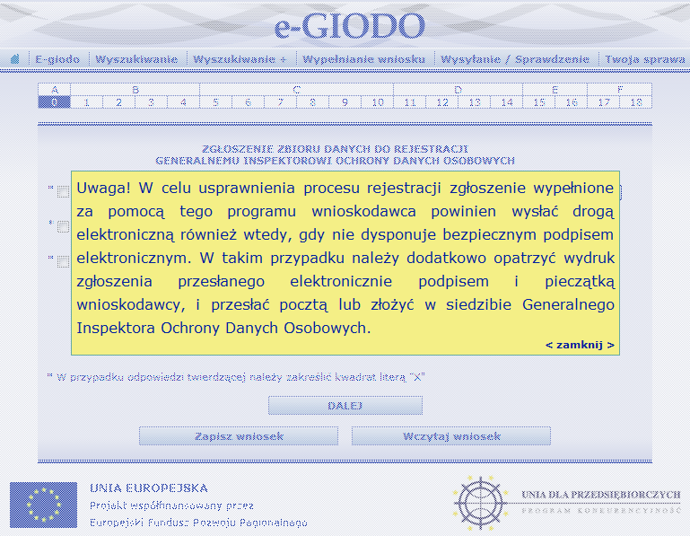 START Informacja dla Administratorów danych nie dysponujących podpisem elektronicznym o konieczności wydruku, podpisania i wysłania tradycyjną pocztą wypełnionego formularza.