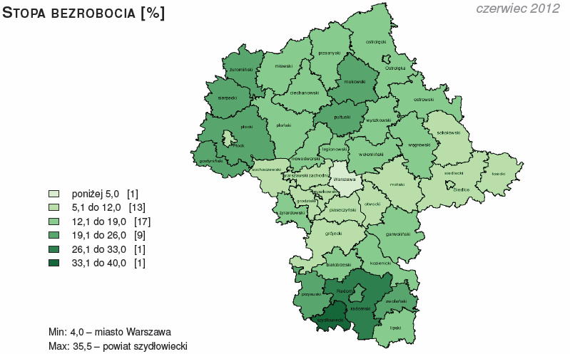 grodziski 7,2%, pruszkowski 7,4 i piaseczyński 7,5%. Stopę bezrobocia niższą od średniej dla województwa odnotowano tylko w 8 powiatach.