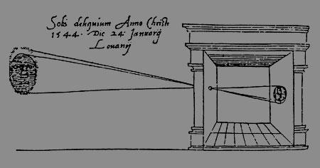 i fizyka Reinera Gemma Frisius (1508 1555). Jedna z ilustracji z tej ksiązki przedstawia obserwację zaćmienia Słońca z użyciem camera obscura (rys. 2.