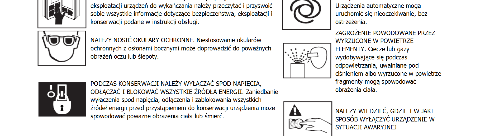 Zagrożenia lub niebezpieczne praktyki, które mogą spowodować drobne obrażenia ciała, uszkodzenia produktu lub szkody majątkowe. Ważne informacje dotyczące montażu, eksploatacji lub konserwacji.