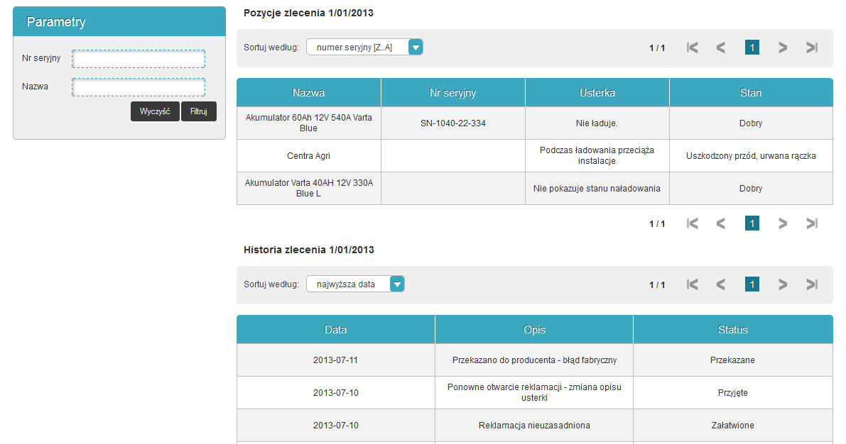 Po wybraniu zlecenia otwiera się okno z listą pozycji zgłoszonych do reklamacji i historią obsługi tego zlecenia. System pozwala śledzić podjęte działania reklamacyjne.