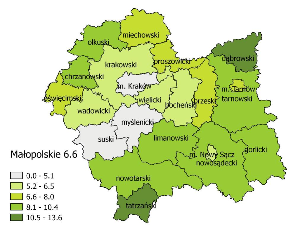 3,7 4,8 5,1 5,4 6 6,1 6,3 6,5 6,6 7,1 7,1 7,8 7,9 8 8,2 8,8 8,9 9,1 9,2 1 1,1 1,4 12 13,6 Mapa 1 Przestrzenne zróżnicowanie stopy bezrobocia (%) w