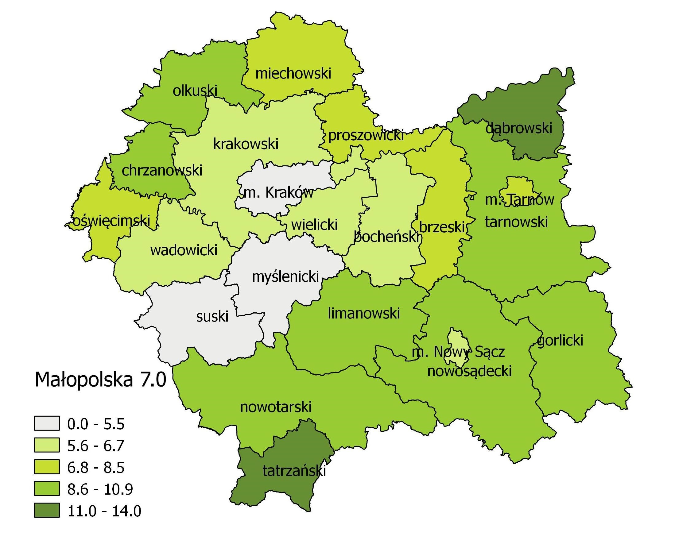 4 5,2 5,5 5,9 6,3 6,5 6,7 6,7 7 7,6 7,7 8,2 8,4 8,5 8,6 9,4 9,5 9,6 9,6 1,4 1,9 1,9 Mapa 1 Przestrzenne zróżnicowanie stopy bezrobocia (%) w