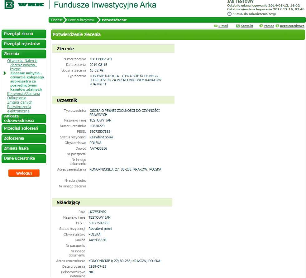 Krok 4 Na ekranie Potwierdzenie zlecenia zebrane zostały wszystkie informacje o zleceniu, które składasz. Przejrzyj dokładnie informacje widoczne na ekranie.