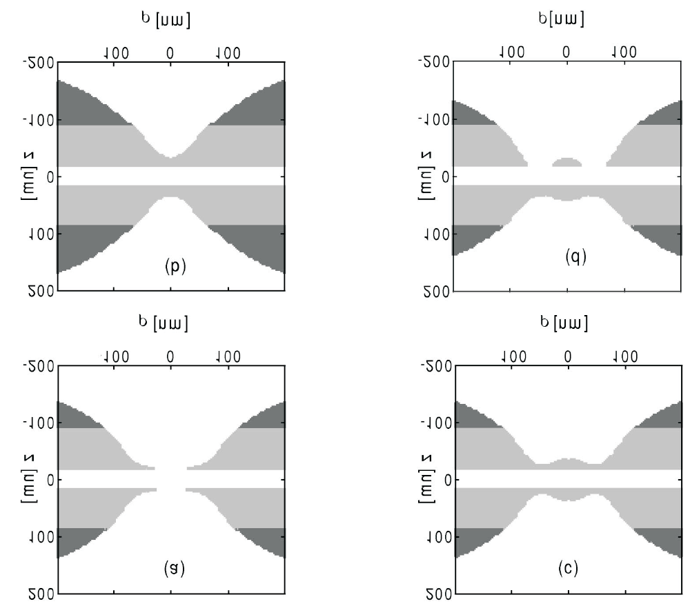 Rysunek 20: Gęstość ładunku zjonizowanych donorów w warstwach n-gaas w nanoukladzie trójelektrodowym (Tarucha, NTT) w funkcji współrzędnych cylindrycznych ρ r i z.