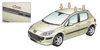 MONTAŻ RELINGÓW DACHOWYCH INFORMACJE PRAKTYCZNE 10 Hatchback: przy montażu stelaża relingów dachowych, należy przestrzegać przewidzianych do tego punktów mocowania.