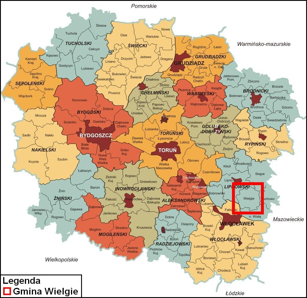 II Diagnoza stanu obecnego II.1. Położenie, zasoby i środowisko II.1.1. Położenie i podział administracyjny Gmina Wielgie to gmina położona w południowo-wschodniej części województwa kujawsko-pomorskiego, w powiecie lipnowskim.