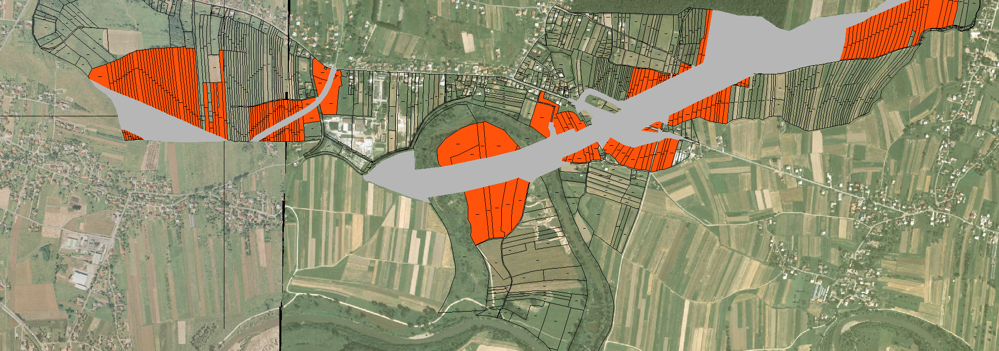 Area of Kłaj village, showing a location of a section of the motorway and the boundaries of areas, on which land