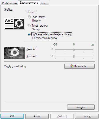 Karta [Zaawansowane] Można ustawić opcje graficzne ( Półcień, Jasność i Kontrast ) oraz Ciągły format taśmy.
