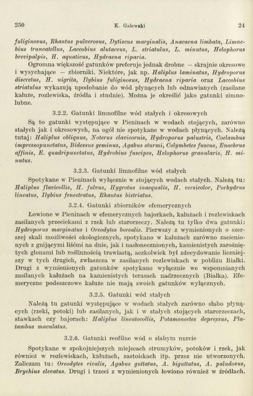 250 K. Galewski 24 fuliginosus, Rhantus pulverosus, Bytiscus marginalis, Anacaena limbata, Limnebius truncatellus, Laccobius alułaceus, L. striatulus, L. minutus, Helophorus brevipalpis, H.