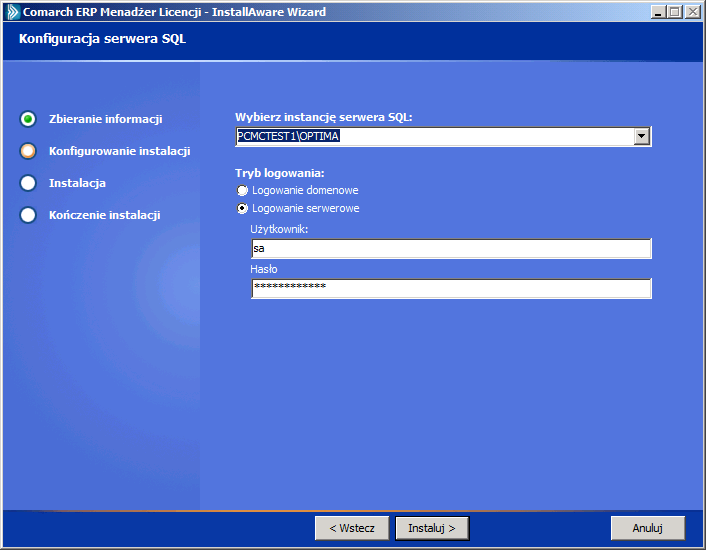 W przypadku, gdy na komputerze jest zainstalowana domyślna instancja Optima z domyślnym hasłem dla loginu SA, to instalator podpowie je podczas próby podłączania, wystarczy kliknąć dalej, aby
