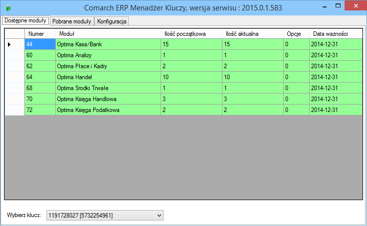 4.1 Zakładka Dostępne moduły Zakładka przedstawia listę dostępnych modułów pochodzących z podłączonego klucza HASP, plików SoftHASP, bądź z modułów aktywowanych w Comarch (kluczy wirtualnych).