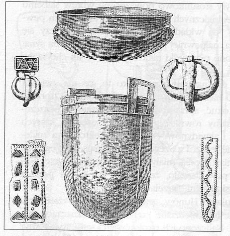 Ryc. 1. Inwentarz grobu huńskiego, odkrytego w Jędrzychowicach na Śląsku (wg Krause 1904). Fig. 1. The finds of the Hun s grave AT Jędrzychowice, Silesia (after Krause 1904).