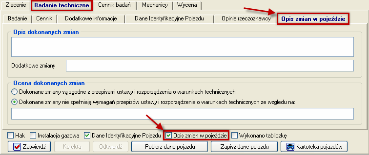 Po zaznaczeniu opcji Opis zmian w pojeździe, uaktywnione zostaje dodatkowa zakładka (Ekran 60).