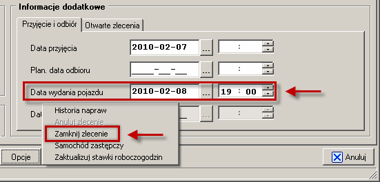 pojazdu i po naciśnięciu w zleceniu przycisku lub, status zlecenia zmieni się na Zamknięte.