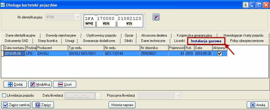 Ekran 5. - Zakładka Instalacje gazowa w kartotece pojazdu Ekran 6.