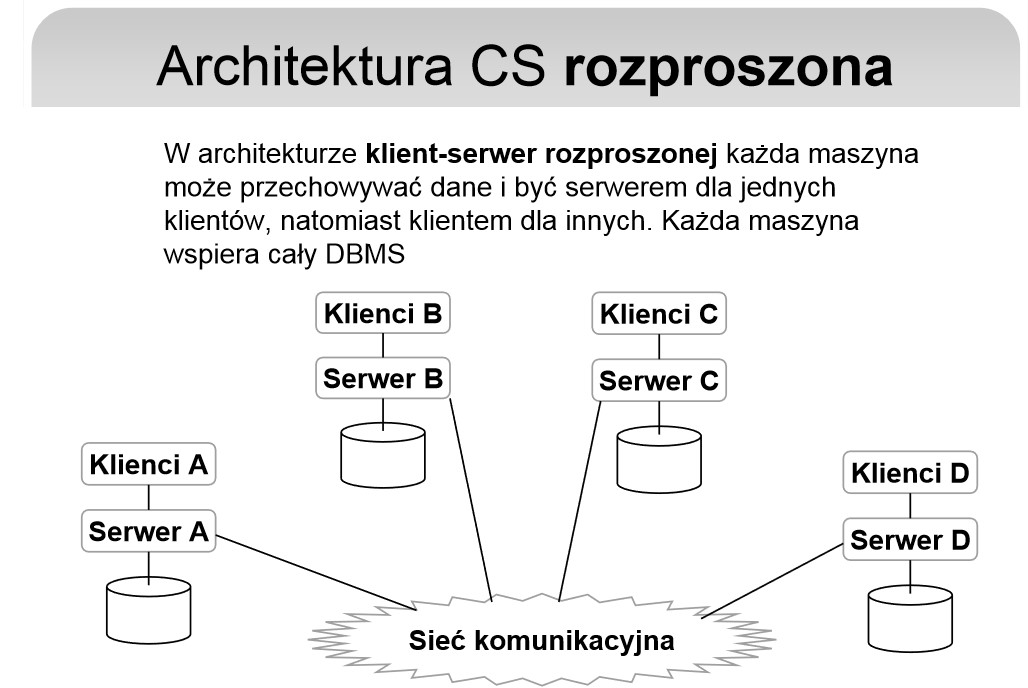 Architektury rozproszone Dane są przechowywane na różnych serwerach, ale są wzajemnie dostępne (przynajmniej część z nich).